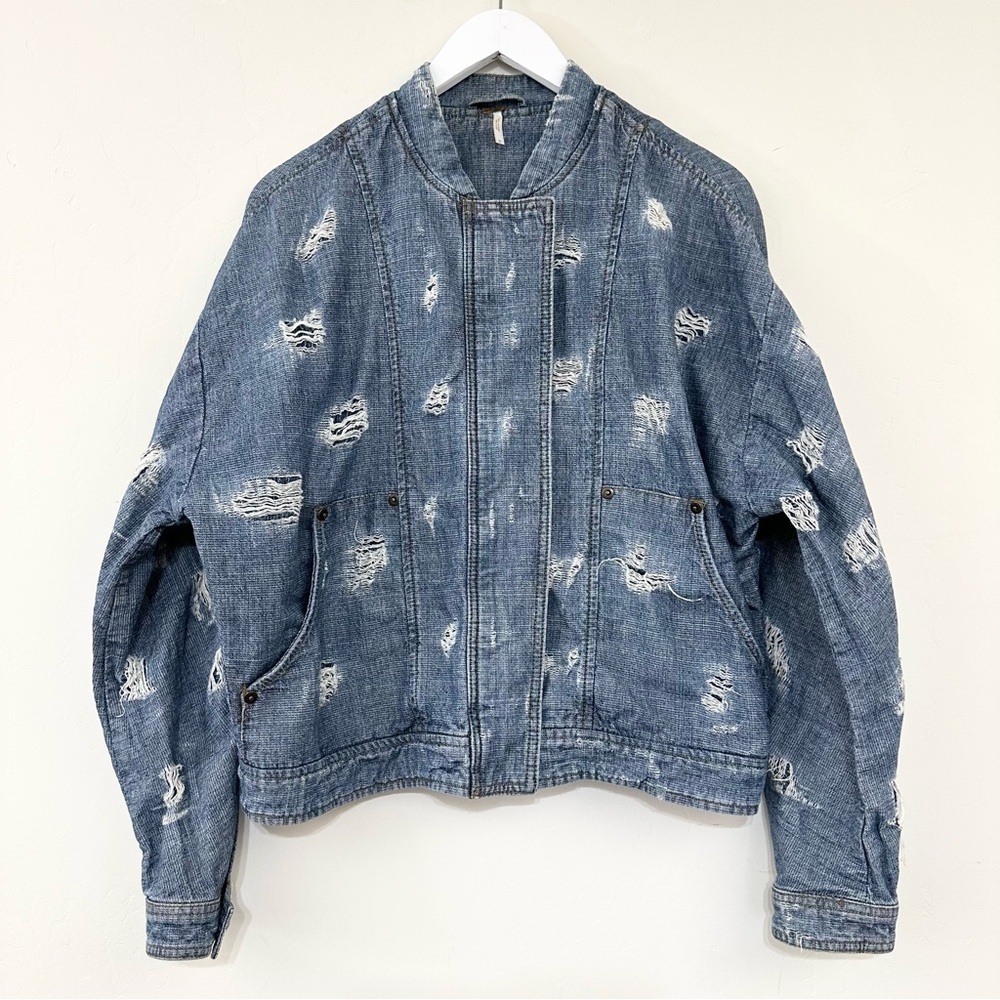 Free People Tattered Tennis Jacket Denim Bomber Distressed